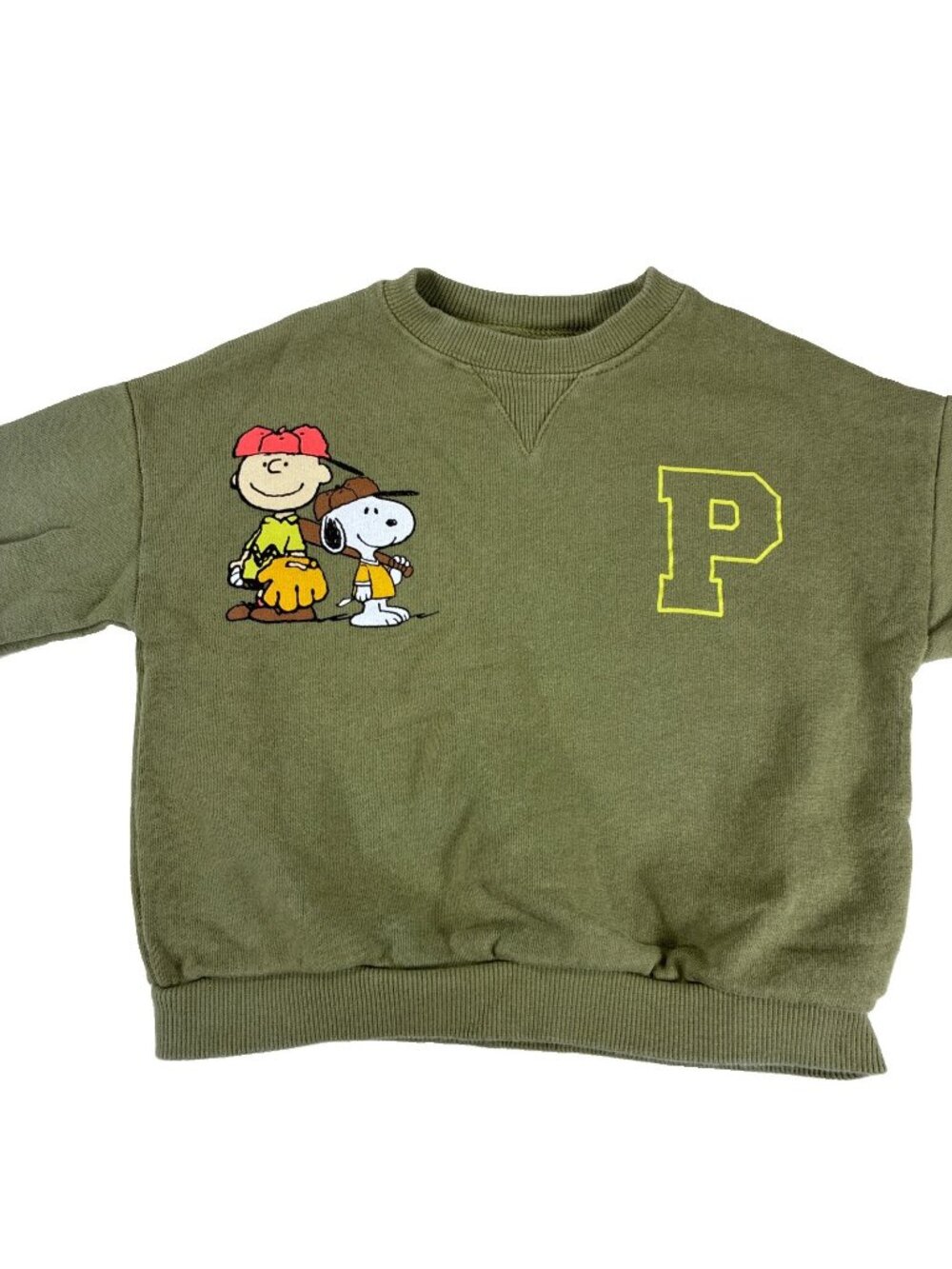 Zara Kids Peanuts Charlie Brown Snoopy Olive Green Sweatshirt Size 1-2 Years
